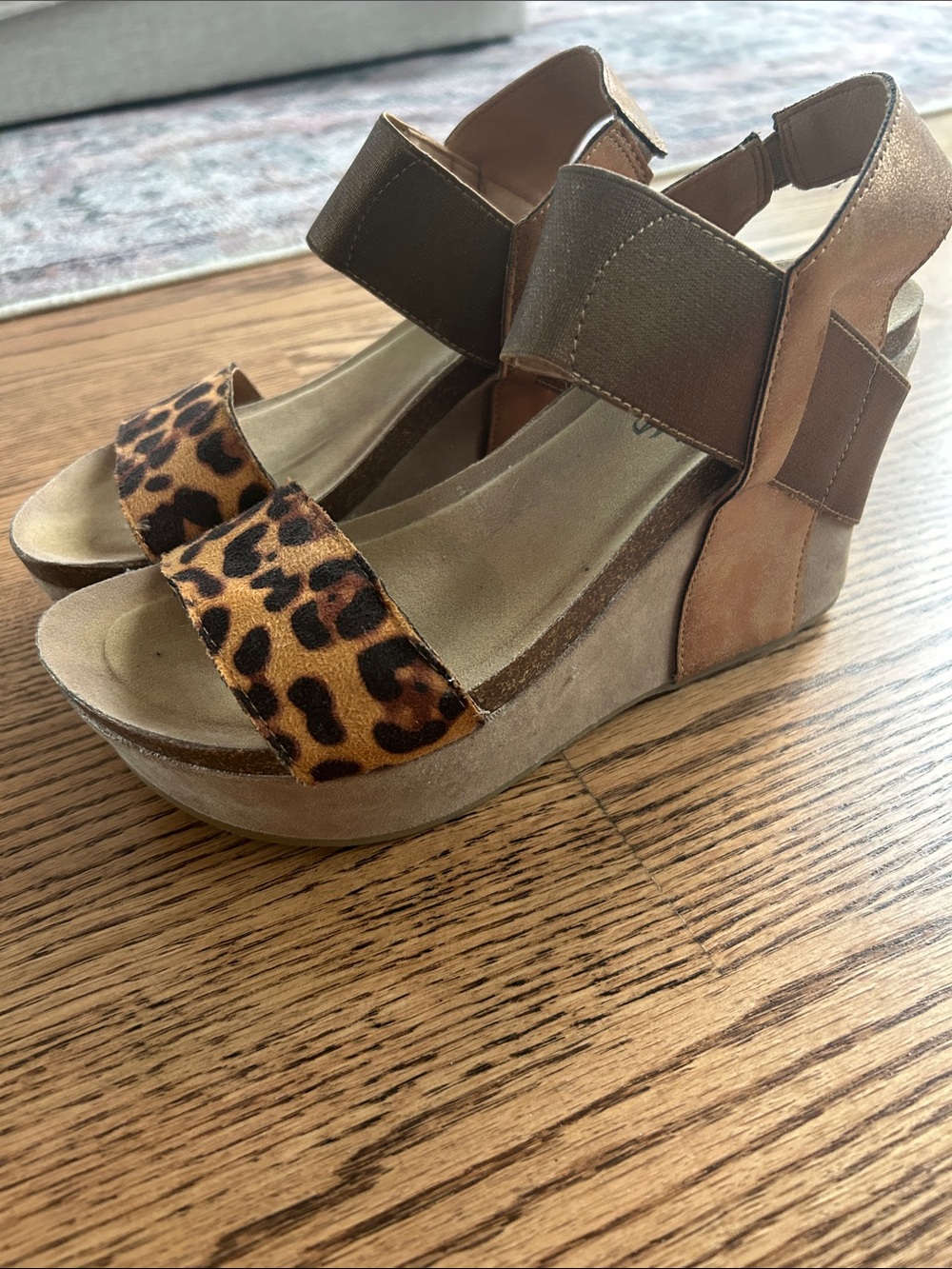 Wedge Sandals with Leopard Print Accent - Brown